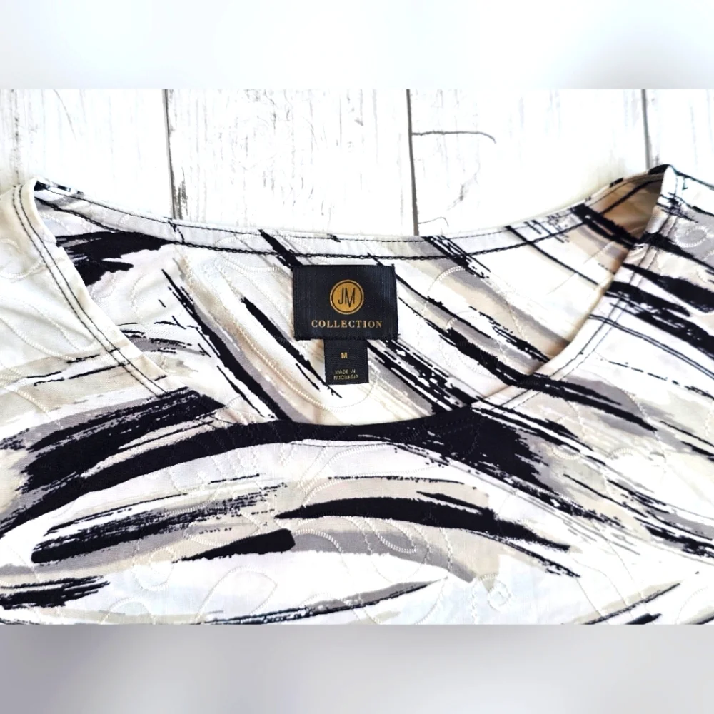 JM Collection Black & White Soft Stretchy Abstract Half Sleeve Top Blouse Size M - Picture 6 of 8